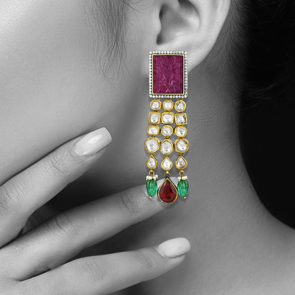 Carved Ruby Earrings with Polki, Red Teardrop & Emerald Beads